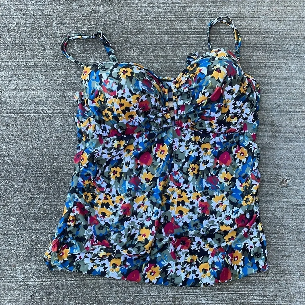 Cacique Swim High Rise‎ Bikini Tie Front Tropical Black Yellow Floral 2 piece